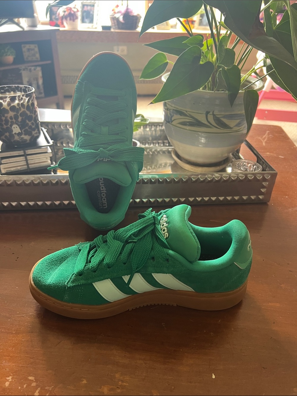 adidas Green Suede Athletic Sneakers with White Stripes and Gum Sole